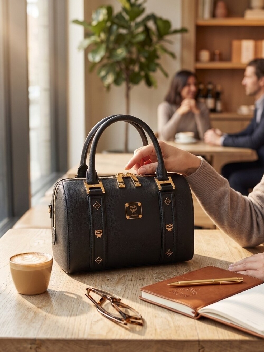 MCM Black Leather Boston Bag Satchel with Gold Hardware